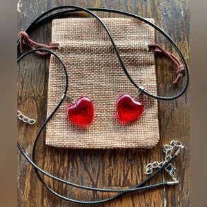 2 Red Crystal Glass Heart Necklaces Matching Heart Necklaces